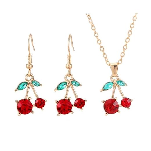 Conjunto de colar de brincos de cereja de cristal vermelho folha verde strass vermelho frutas cereja brincos pendentes colar para mulheres joias, Zinco, Sem Pedra Preciosa