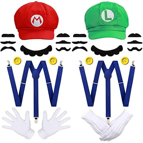 iZoeL Super Mario Bros Mario and Luigi Hats Caps 2 Suspenders 14 Mustaches 4 Gloves 4 Buttons Cosplay Costume for Halloween Costumes Women Men Kid Halloween Outfits Carnival Costume Cover