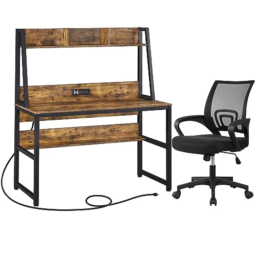 Yaheetech-Home-Office-Desk-with-Power-Outlet-Office-Chair-Set-Includes-47-Inch-Computer-Desk-with-2-USB-Port-Charging-Station-and-Ergonomic-360-Rolling-Mesh-Office-Chair-Set-Mid-Back-Rustic-Brown