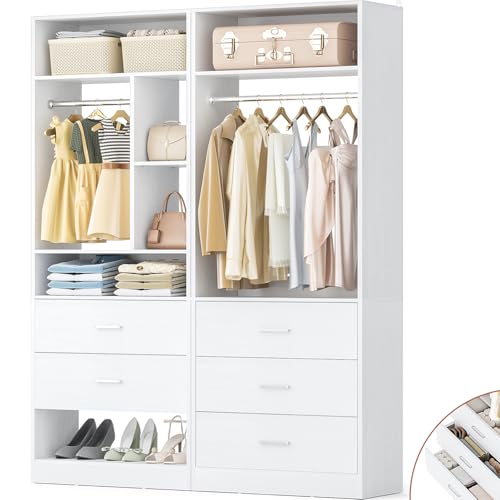 Besiost Closet System with 2 sets, 4FT Closet Systems with 5 Wood Drawers, 48 Inch Closet Organizer System with 2 Hanging Rods & 7 Shelves, Heavy Duty 48