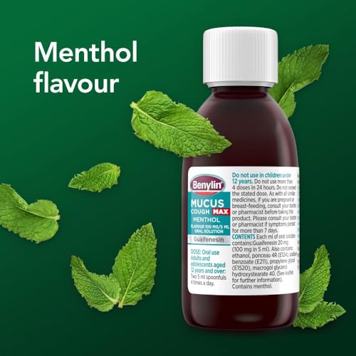 Benylin Mucus Cough Max Menthol Flavour, Helps to Clear Chest Mucus from Day 1, Cough Medicine for Adults, 100 mg/5 ml Oral Solution, 150 ml