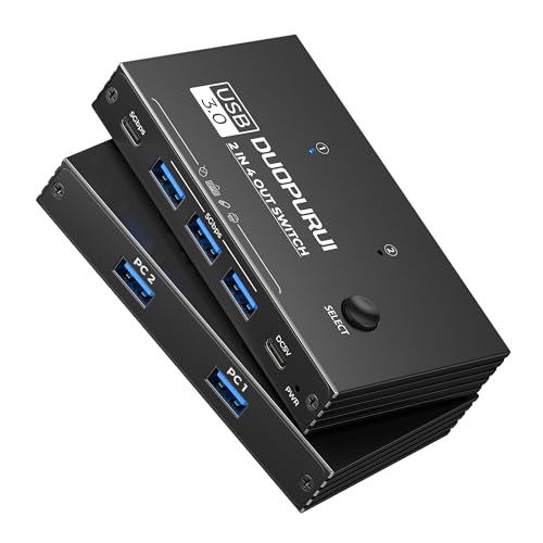 USB 3.0 Switch 2 Computers Sharing USB C & A Devices,Easy One-Click Device Switching with USB-C Cable & USB-A Cable,USB Switch Hub Share Keyboard Mouse Printer Scanner(USB3.0 2in4out)