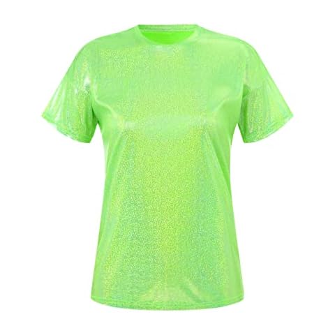 iiniim Women's Shiny Metallic Holographic Hip Hop Loose Fit Tank Tops Blouse Club Disco T-Shirt Tee Fluorescent Green S Cover
