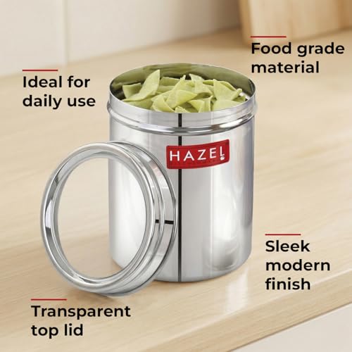 Image of HAZEL Stainless Steel Kitchen Container with Transparent Lid | Top See Through Kitchen Container Set with Matt Finish | Multipurpose Container for Kitchen Storage, 1100 ML, Set of 6