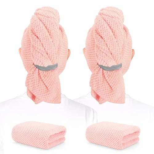 Image of 2 Pack Microfiber Hair Towel - 41 x 24 inches Super Soft, Absorbent, Fast Drying Without Frizz Hair Towel Wrap for Women Long, Thick, Curly Hair - Hair Turbans with Elastic Strap