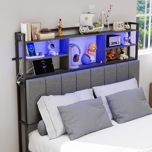 WATHPUR 54.8 Tall Headboard Full Size Bed with 3-Tier Storage Shelves, Linen Upholstered Head Board with USB & Type C Port & LED Light, Soft Backrest for Full Size Bed, Headboard Only