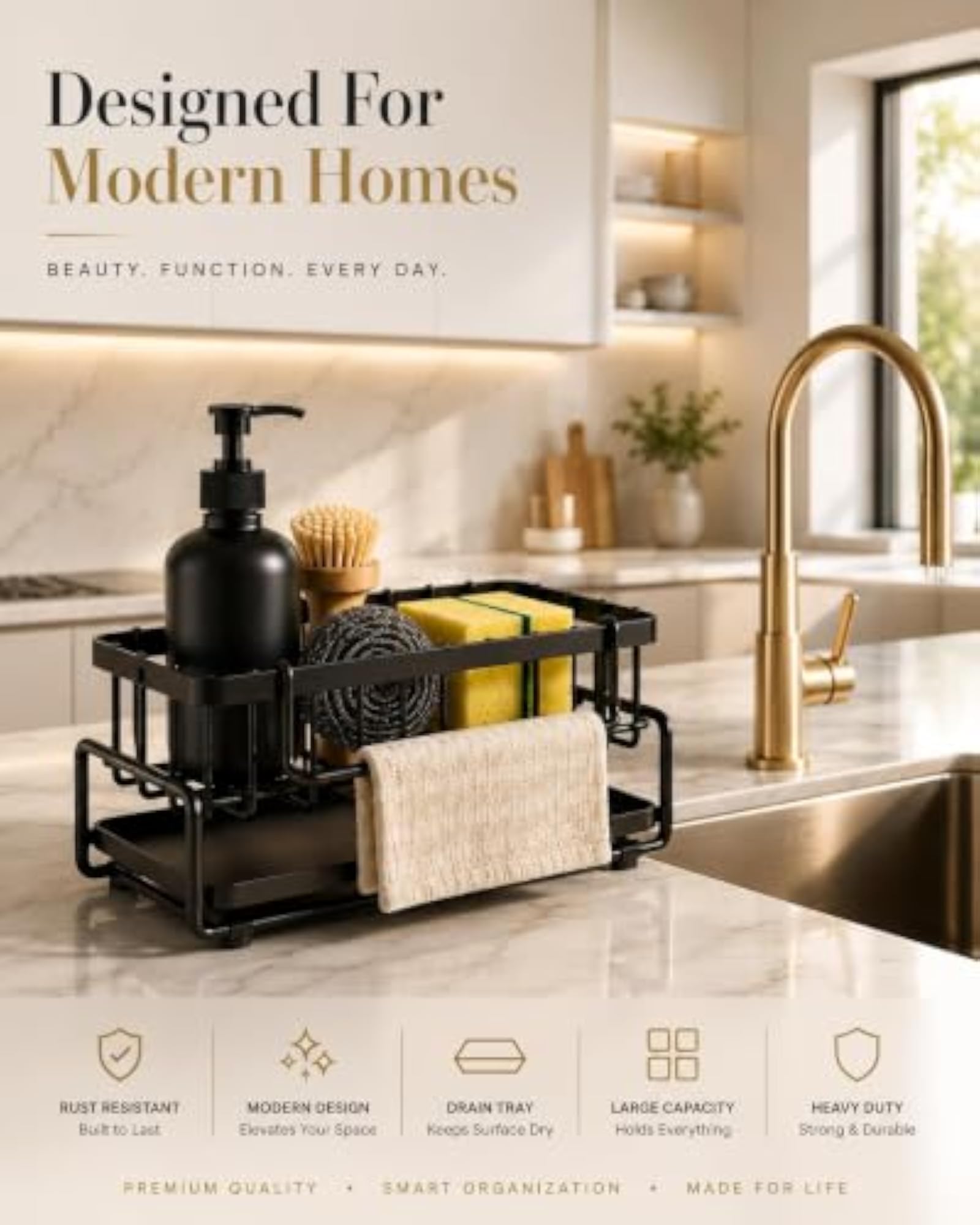 Metal Sponge Holder for Kitchen, Auto-Draining Organizer
