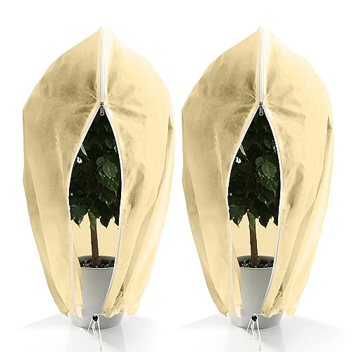 LangRay Pflanzenschutz Winter, 60x80cm Winterschutz für Pflanzen Frostschutz Pflanzenabdeckungen 80g/㎡ mit Reißverschluss Zugband für Kübelpflanzen Palmen Olivenbaum (Beige Weiß, 2pcs)