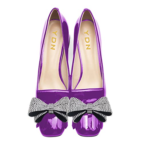 YDN Womens Squared Toe Tassel Pumps Rhinestone Bow Chunky Low Heel Slip On Comfy Dressy Date Office Shoe Size 4-15 US3