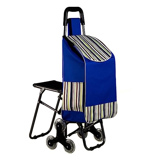 Carrello per la spesa pieghevole con sedile doppio e triplo ruote per salire le scale, robusto carrello blu con manico ergonomico per un facile trasporto