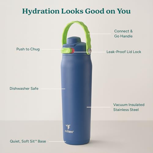 Image of REDUCE Aura Vacuum Insulated 26 oz Water Bottle - Leak-Proof & Chug Spout for Quick Hydration - Keeps Drinks Cold for 30 Hours - Removable Handle for Travel or Gym - Soft Sit Base - Mineral Blue