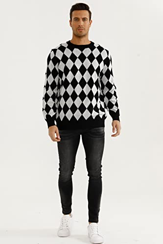 Gingtto Mens Long Sleeve Pullover Sweater Retro Argyle Sweater Slim Fit For Men Black And White 2Xl #TOP5