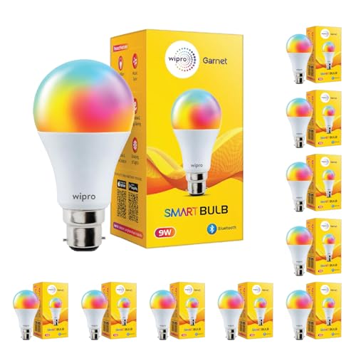 Image of wipro 9W Bluetooth Enabled Smart Bulb B22 | 16 million Colours | White Tunable (Warm, Neutral & Cool White) | Dimmable | App-Control | Music Sync | Schedule & Scenes | Pack of 1