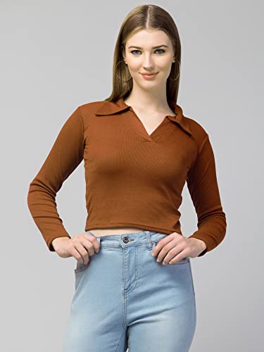 Image of Ribbed Polo Collar Full Sleeves Tops for Women