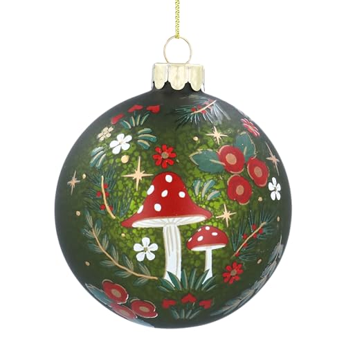 Image of Gisela Graham Green Bauble with Toadstools, Woodland Glass Christmas Tree Decoration, 8cm