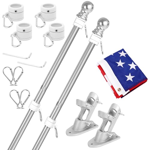 American Flag Pole Kit (2 Packs) for Outside House with Bracket - Residential & Commercial Use, 3x5Wall Mount Flags, for House Porches(with,Silver)