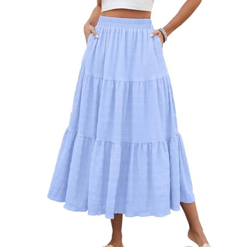 HUSKARY Women's Summer Casual Elegant Smock Layered Tiered Maxi Skirt High Waisted A Line Flowy Long Skirts with Pockets Large Light Blue