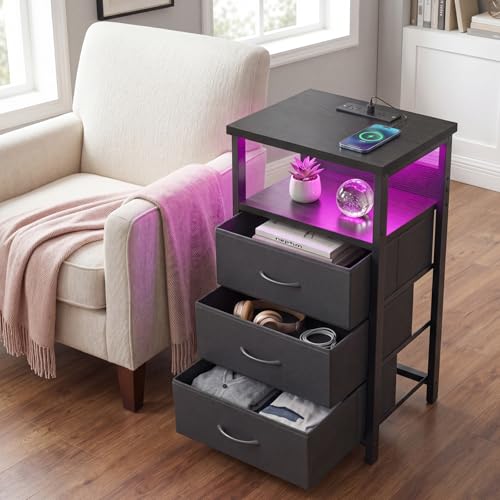 Image of Fixwal Night Stand with 3 Fabric Storage Drawers, LED Nightstand with Charging Station, Bedside Table, Black