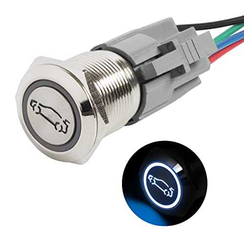 OSXCAUES 19mm 12V 24V Momentaner Drucktastenschalter 5 stifte mit Vorverdrahte Steckdose Wasserdicht Metall Push Button Schalter mit Ring LED-Licht und LED-Licht Auto-Symbol (Blau) Cover