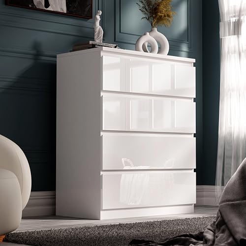 Blisswood High Gloss Chest of Drawer, 4 Drawer Bedroom Chest of Drawer Bedside Table Cabinet for Bedroom Living room Furniture, White, 70W x 40D x 95.5H cm