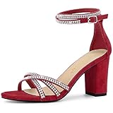 Allegra K Women's Rhinestone Ankle Strap Chunky Heel Red Sandals 7 m US