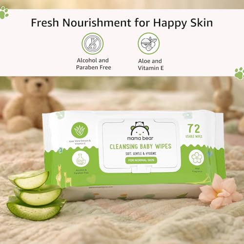 Image of Amazon Brand - Mama Bear Cleansing Baby Wipes With Lid | 216 Wipes | 72 Wipes x 3 Packs | Dermatologically Tested | With Aloe Vera & Vitamin E | Alcohol-Free | Paraben-Free | Water-Based formulation
