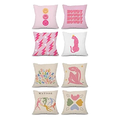 heilkee Preppy Throw Pillow Covers Set of 4 Hot Pink Cushion Case Matisse Decor Square Decorative Soft Danish Pastel Pillowcase for Teens Girls Bedroom College Dorm Sofa,18x18 Inches Cover