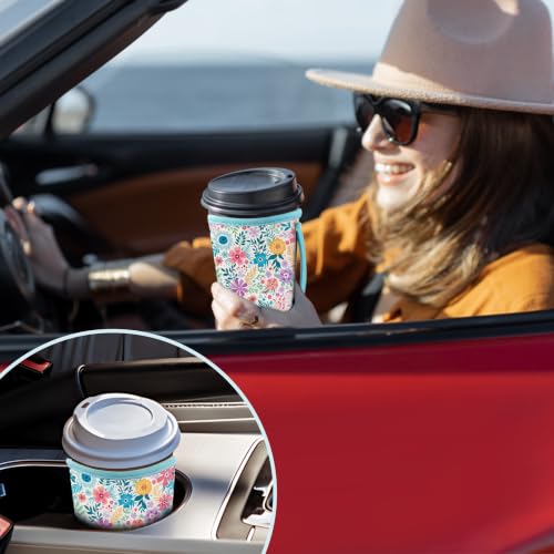 Image of KJQJLY 3 Pack Reusable Iced Coffee Sleeves for Iced Coffee Cups or Drinks Reusable Neoprene Insulated Sleeves for Hot and Cold Drinks from Starbucks, Dunkin, And More (White Flower Bush)