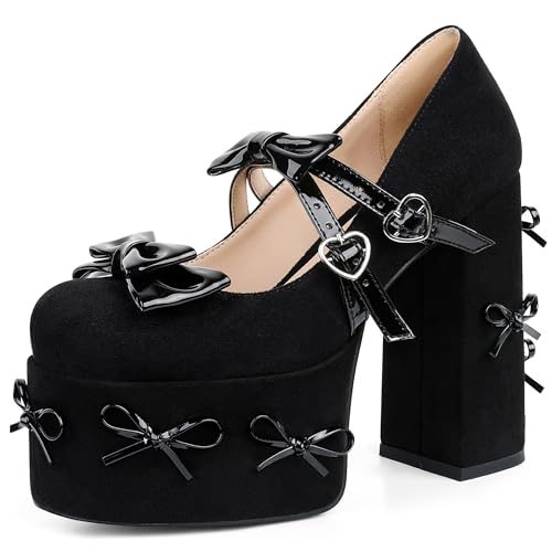 Celbreez Mary Jane Shoes Women Platform Heels High Heels Closed Toe Women's Pumps with Square Toe Bow Buckle High Chunky Block Heel Dressy Wedding Party Shoes 2025 Outfits