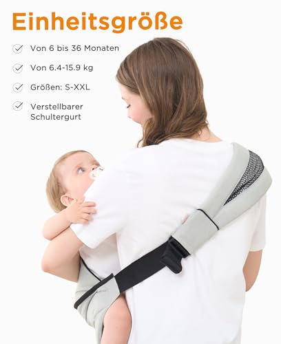 GAGAKU Kindertrage Seitlich Babytragetuch Trage Baby mit Rutschfestem Hüftsitz Tragetuch Kleinkind Hüfttrage Kleinkindtrage Ergonomischer Tragehilfe Babytrage ab 6 monate- Hellgrau