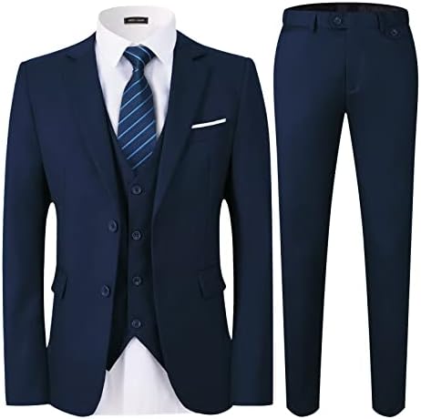 WEEN CHARM Men's Suits Slim Fit,3 Piece Suit for Men,2 Button Blazer Jacket Vest Pants with Tie,Men Tuxedo Suit Set Navy