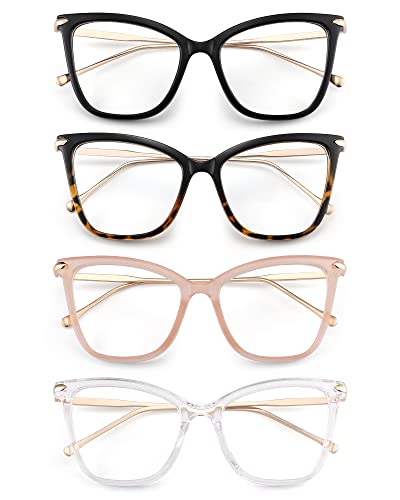 Murddoa 4 Pack Womens Cute Oversized Cat Eye Blue Light Blocking Reading Glasses Fashion Eyeglass Frames Computer Reader(4 Pairs (Black+Leopard+Pink+Clear),1.50)