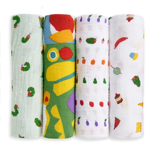 Image of aden + anais Essentials Cotton Muslin Swaddle, Breathable Baby Blanket, Ideal for Newborns, Babies & Infants, Receiving Blanket, Soft and Lightweight Wrap, 4 Pack, Very Hungry Caterpillar