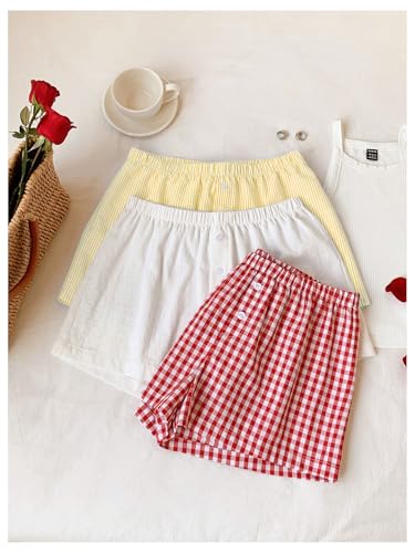 Image of MakeMeChic Women's 3 Pack Linen Shorts Gingham Striped Beach Shorts | Summer, Plaid, Cover Up Shorts