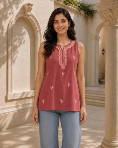 Image of QAZMI Women's Laiba Kashmiri Embriodered Sleeveless Short Kurti