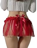 BIGFOX Womens Skirted Thong Underwear Mesh Tulle Mini Dress G-string Low Waist Lace Panty Lingerie Sexy Sheer Panties S-L (US, Alpha, One Size, Regular, Regular, Red)