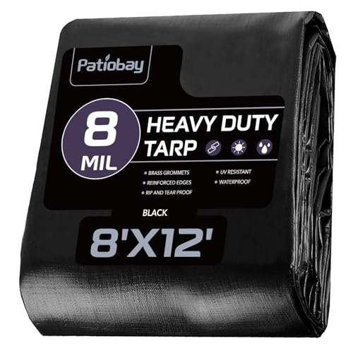 Patiobay Tarp 8x12 Feet 8 Mil Large Waterproof Tarps Heavy Duty with Grommets Every 23.6 Thick Plastic Tarp UV Resistant Tear&Fade Resistant Reinforced Edges for Outdoor Pool Camp Tent
