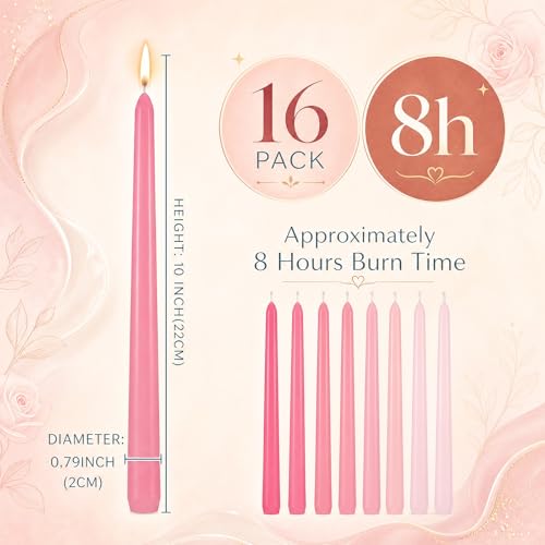 Image of MTLEE 32 Pcs Long Taper Candlestick Bulk 10 Inch Smokeless, Pink | Paraffin Wax Cotton Wick, Colorful Vibrant for Dinner Wedding Party Church, Unscented Table Centerpiece Decor