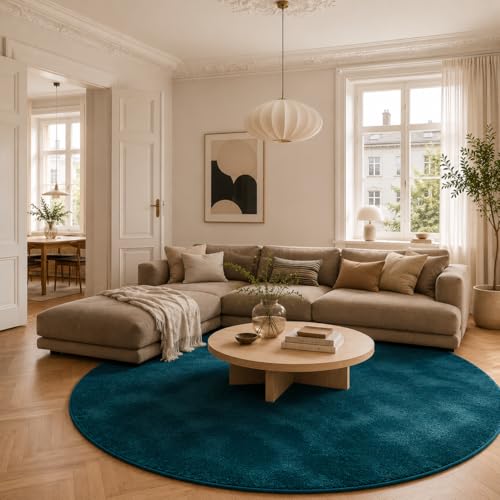 Tapis Shaggy Rond Melia Bleu Pétrole – Ultra Doux et Moelleux pour Salon