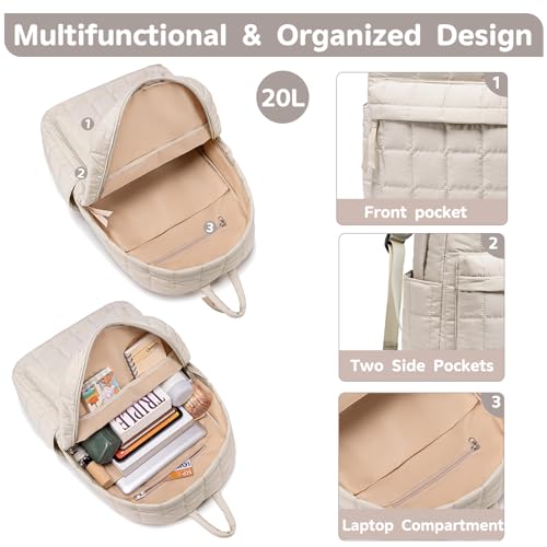 BTOOP Travel Backpack for Women Work Backpack Quilted College Backpacks for School Fit 15.6 Inch Laptop (Beige-Gray) - Image 6