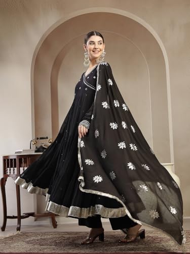 Image of Gulmohar Jaipur Women's Malmal Solid Angrakha Neck Anarkali Kurta Suit Set