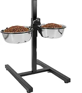 RvPaws Adjustable Stainless Steel Double Diner Stand Food Feeding Dog Bowls (Black, 900ml x 2)