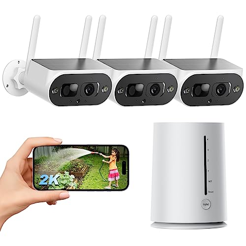 Camcamp Sistema de cámara solar de seguridad para el hogar, cámaras de seguridad solares 2K inalámbricas para exteriores con panel solar integrado, kits de 3 cámaras 100% sin cables, conversación de 2