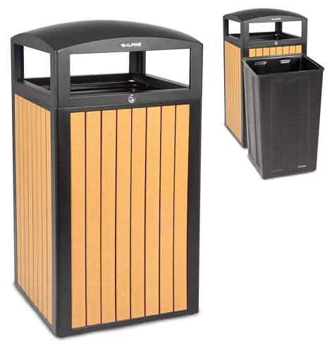Image of Alpine 40 Gallon Commercial Outdoor Trash Can with Lid - Modern Heavy Duty Large Outdoor Garbage Can with Durable Plastic Bin, Slatted Recycled Plastic Panels for Parks, Trails & Resorts (CD)