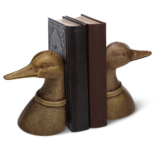 wearage Vintage Brass Color Decorative Distressed Cast Metal Duck Head Bookends Metal Duck Book Ends for Shelves 5.91 x 4.33 x 3.35 Inches Rustic Vintage Home Office Organizer Set of 2