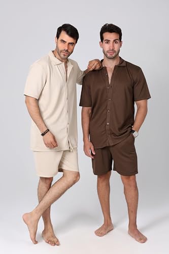 ALiVE Men's Pacific Short Sleeve Shirt with Shorts Linen Set, Size M - Brown