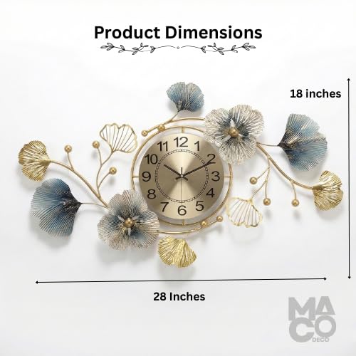 Image of Metal Floral Wall Clock for Hall Modern Decorative Round Wall Clock Accent Gold and Blue Leaves Design Clock for Bed Room Statement Home Decor