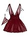 Lilosy Sexy Polka Dots Mesh Sheer Babydoll Chemise Lingerie Set Floral Lace Sleep Wear Women Deep V Slip Night Dress Nighty Negligee Gown With Thong 2 Piece Burgundy Red X-Large