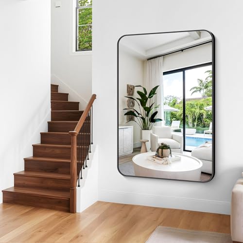 Image of Large Bathroom Mirror, 60 x 40 inch Black Rectangle Mirror, Metal Framed Rectangular Vanity Mirror, Rounded Corner Wall Mounted Mirror for Over Sinks Bedroom Living Room Horizontal /Vertical
