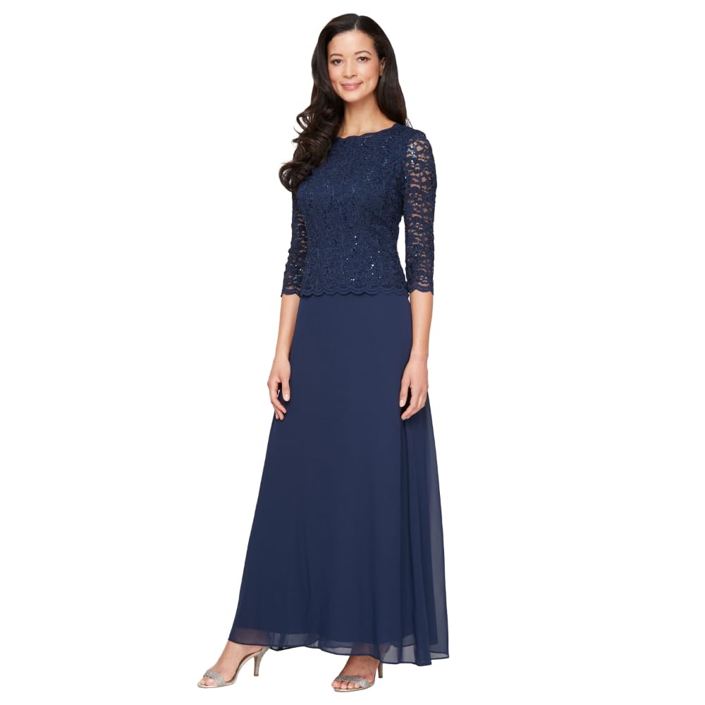 Alex EveningsWomen's 3/4 Sleeve Stretch Lace Bodice Mock One Piece Gown